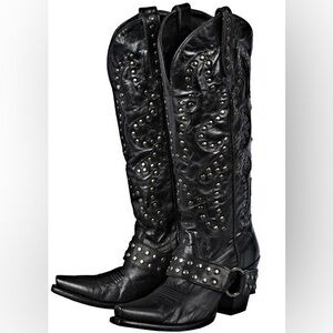 Lane Knee-High Stud Rocker Cowboy Boots in Black size 7.5 (fits like a 7)